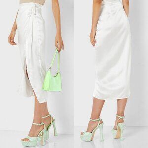 NEW Topshop Tie Detail High Waist Wrap Skirt White Size‎ 10 Midi Length Satin